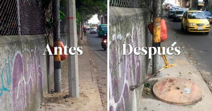 Poste mal instalado en La Aguacatala fue retirado Poste mal instalado en La Aguacatala fue retirado